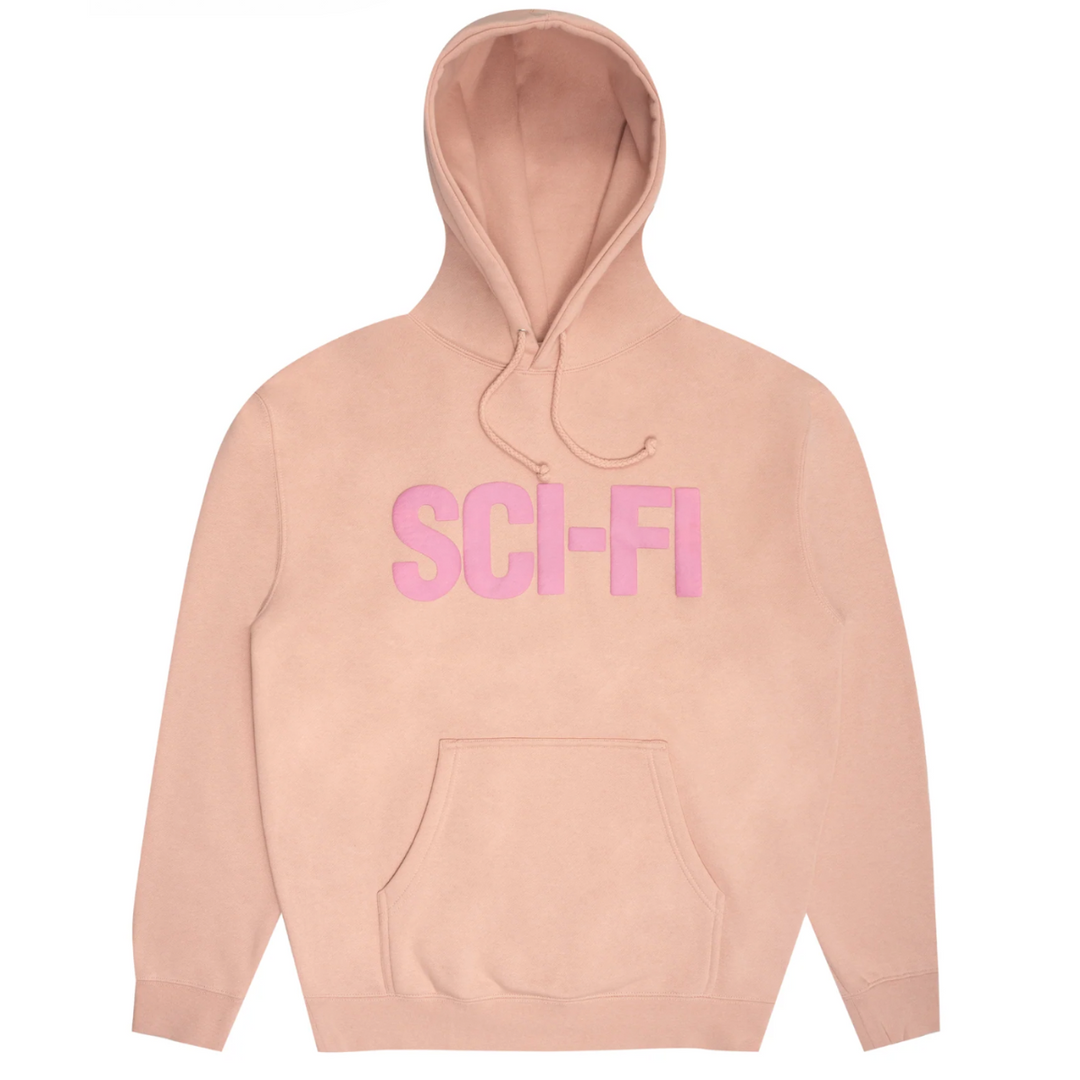pink sweatshirt with hot pink sci fi logo