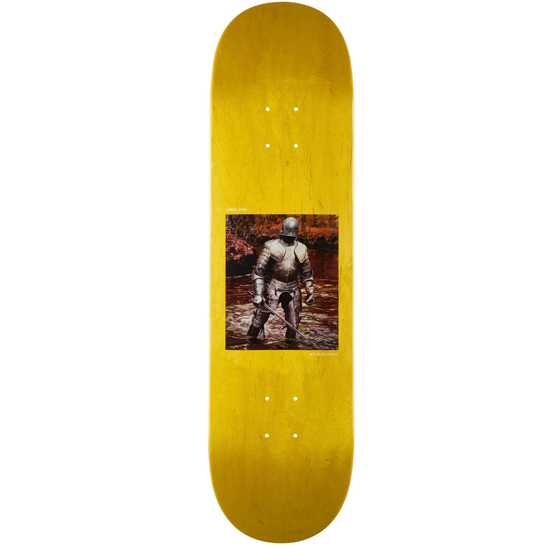 Yellow skateboard deck with a printed design of a character in armor on a white background