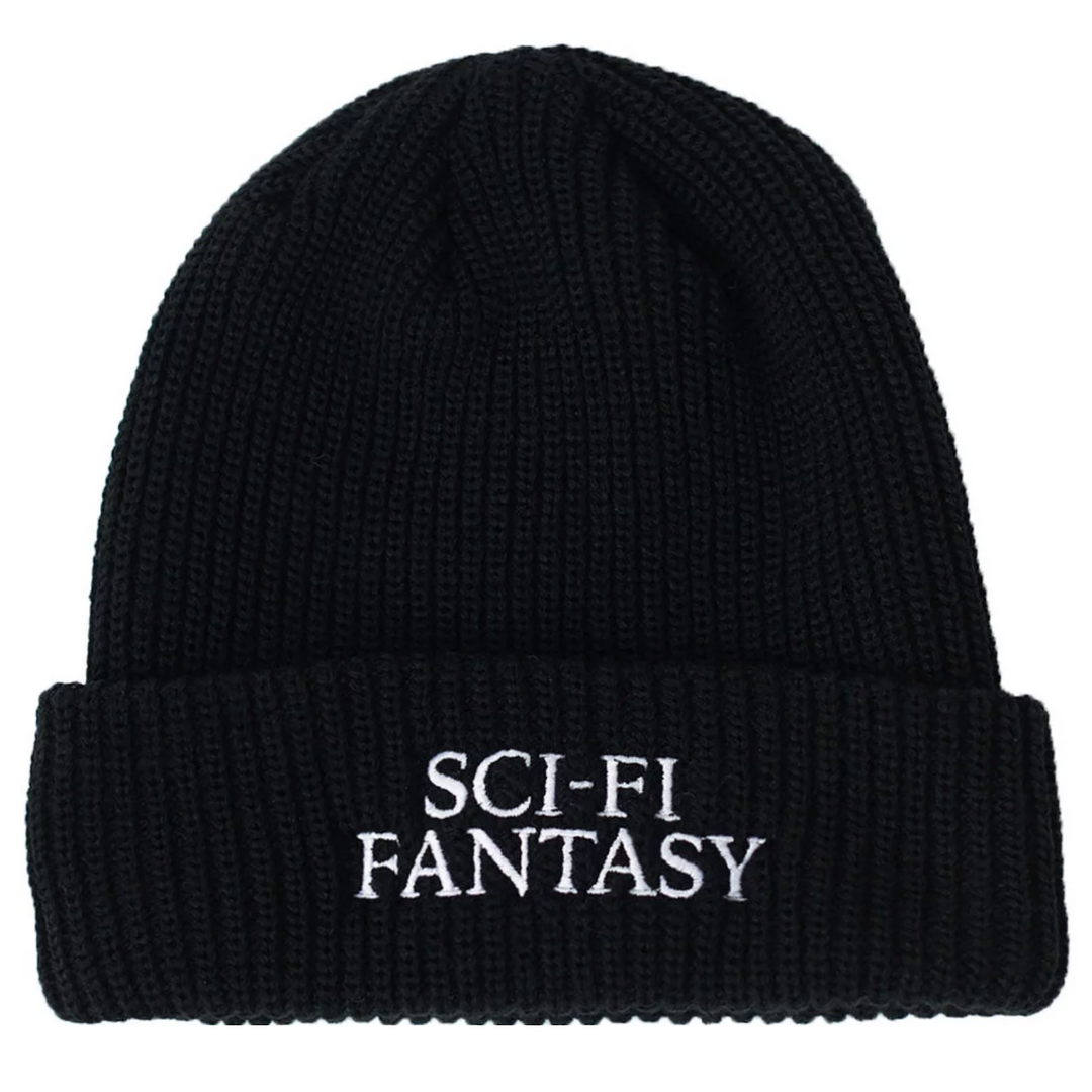 Black beanie with 'SCI-FI FANTASY' text on a white background