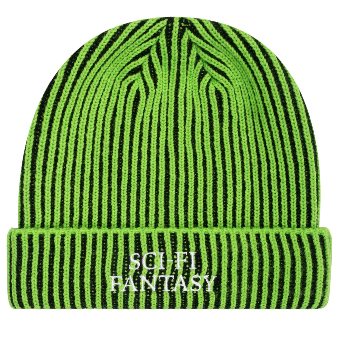 Green beanie with black stripes and 'SCI FI FANTASY' text on a white background