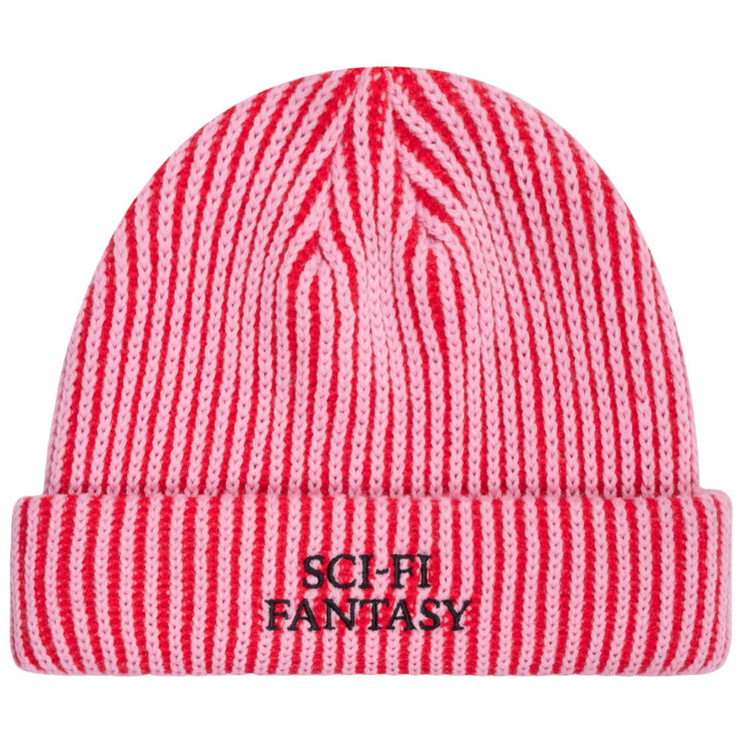 pink and dar red striped beanie