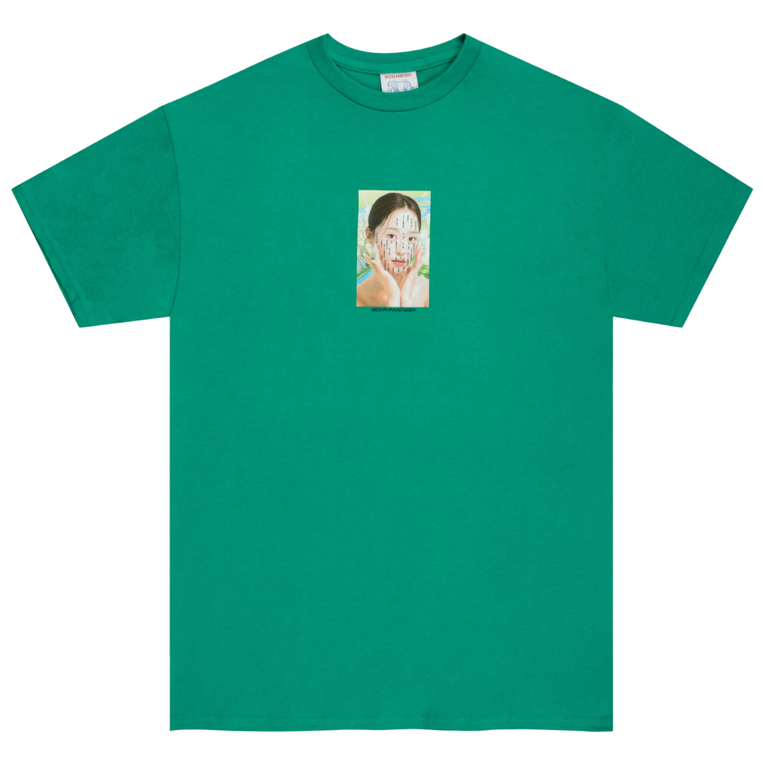 Green t-shirt with a small graphic on a white background