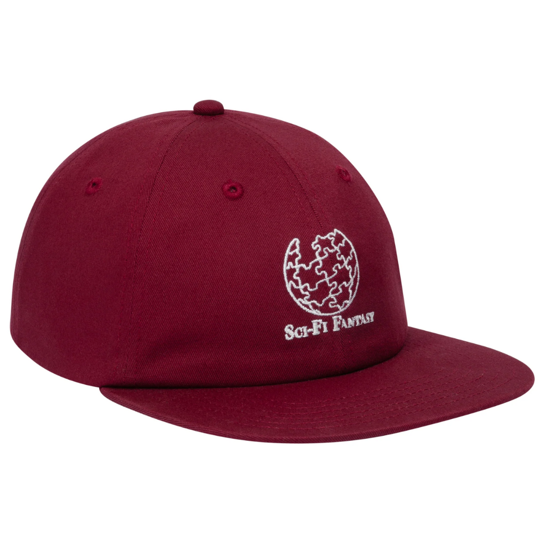 Maroon cap with white logo and text on a white background