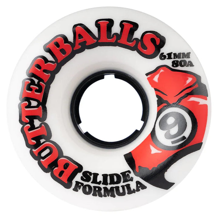 Butterballs slide formula skateboard wheel with red and black design on a white background
