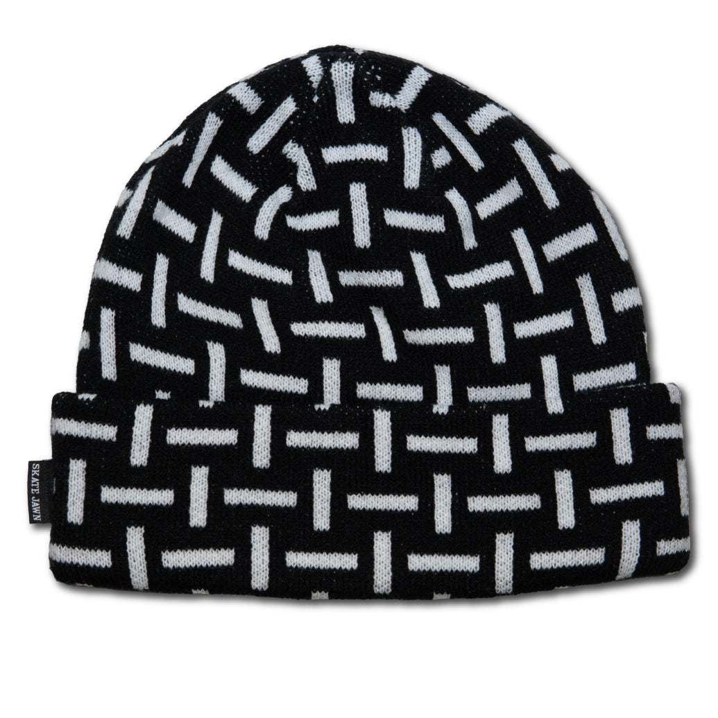 Black beanie with white geometric pattern on a white background