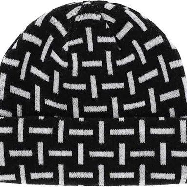 Black and white patterned beanie with a brand tag on a white background