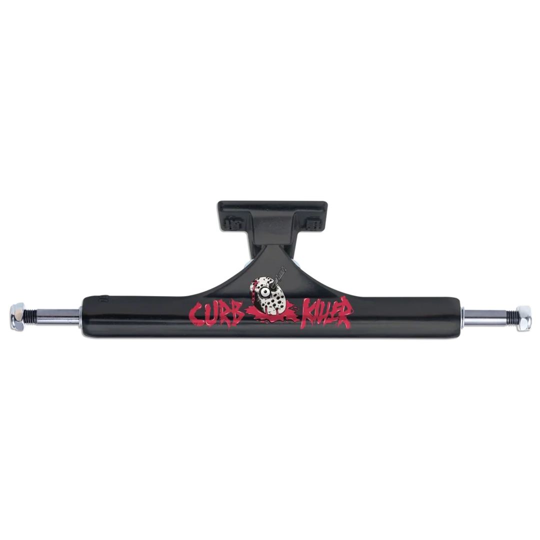 A black skateboard truck with chrome bolts on both ends, featuring a red 'CURB KILLER' logo and a skull graphic on the center, set against a plain white background.
