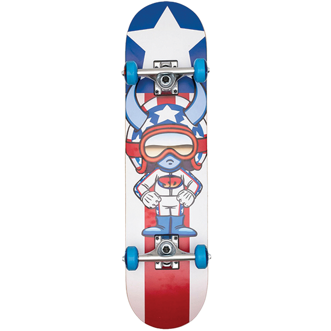 Skateboard with a colorful design of a character in a helmet on a white background