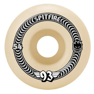 Beige skateboard wheel with black and white design on a white background