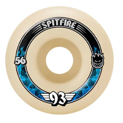 Beige skateboard wheel with blue and black design