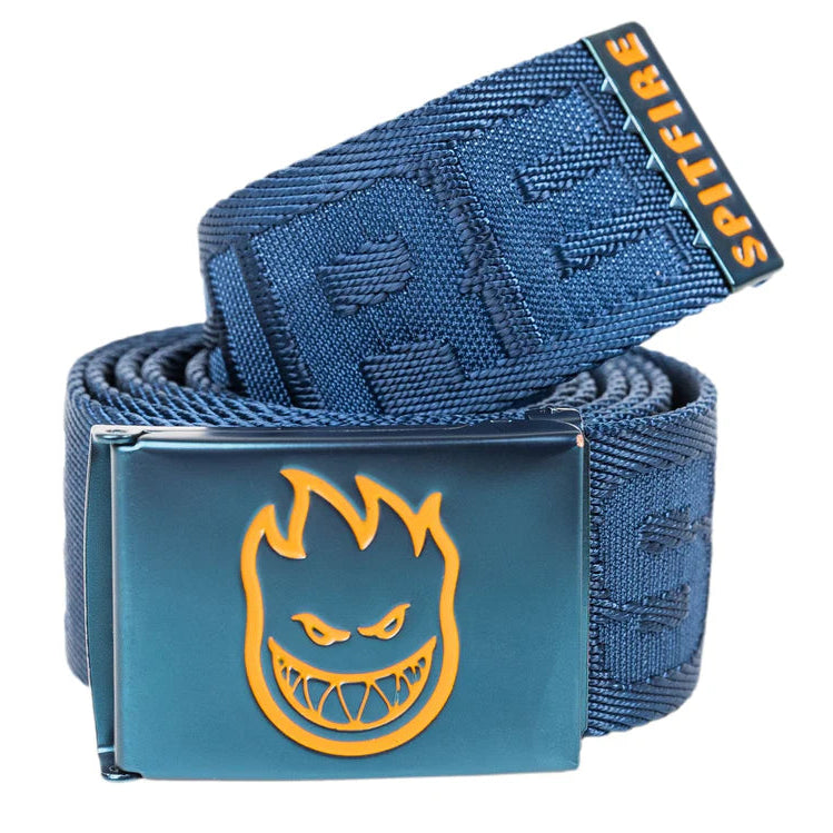 Blue belt with yellow logo and 'Spitfire' branding on a white background