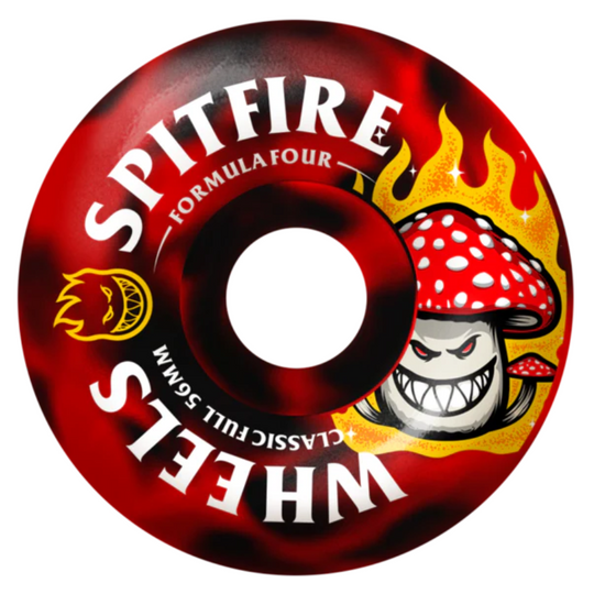 Spitfire skateboard wheel with mushroom graphic and red background