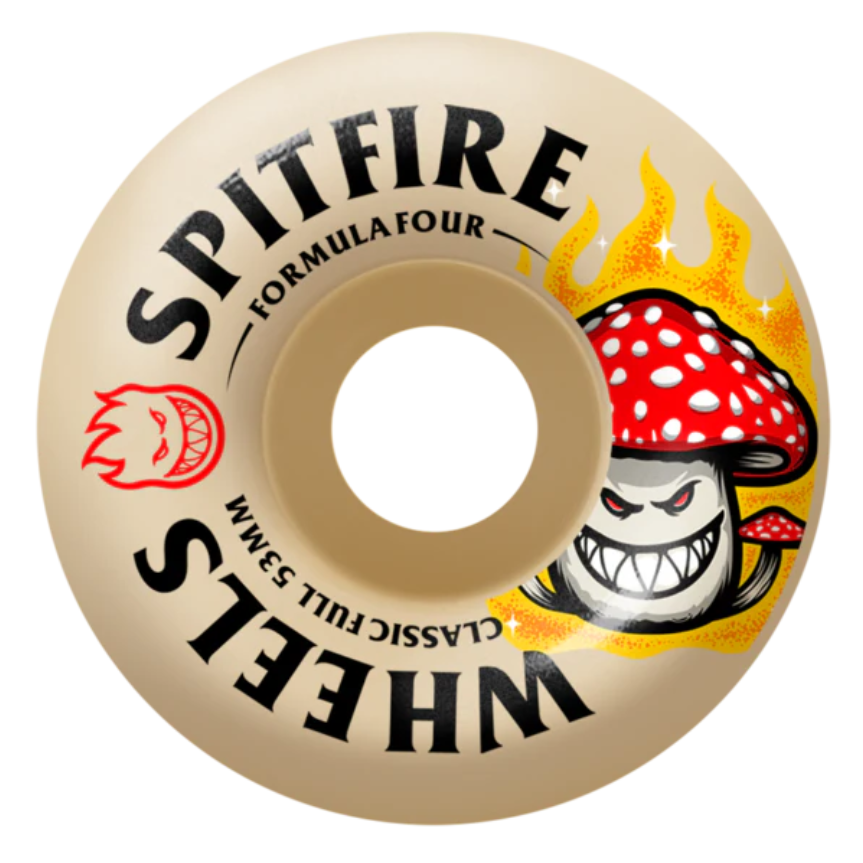 Spitfire skateboard wheel with a mushroom and flame design on a beige background