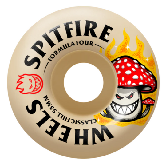 Spitfire skateboard wheel with a mushroom and flame design on a beige background