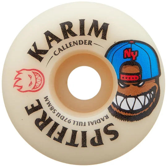 Skateboard wheel with 'Karim Callender' branding and a bear graphic on a white background