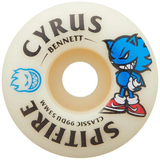 Skateboard wheel with 'Cyrus Bennett' branding and a cartoon character on a white background
