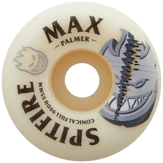 Spitfire skateboard wheel with Max Palmer branding on a white background