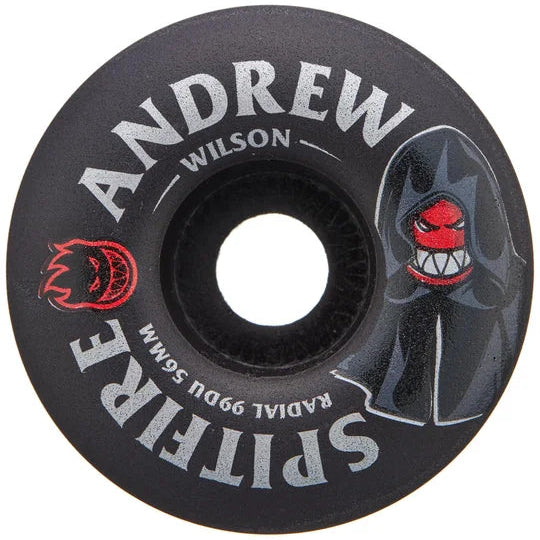 Skateboard wheel with 'Andrew Wilson' branding and a black and red graphic on a white background