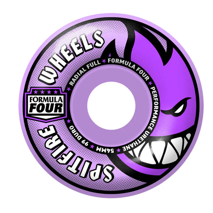 Purple spitfire skateboard wheel with 'Formula Four' 