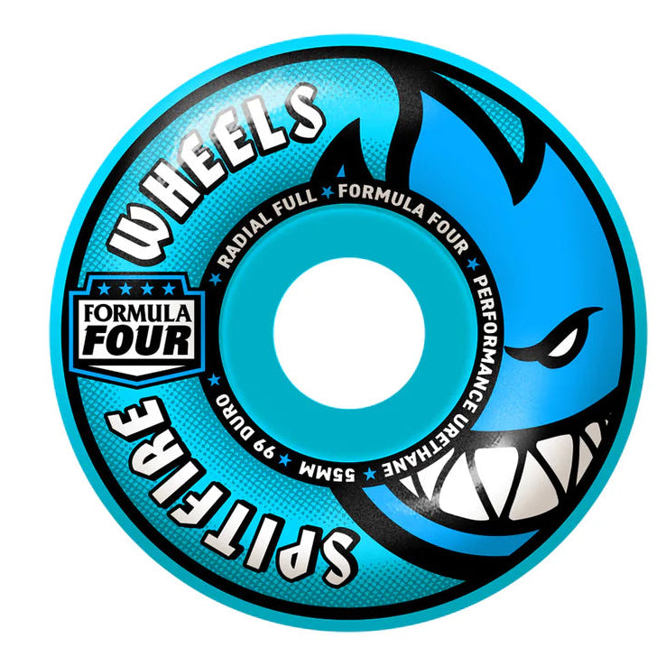 Blue spitfire skateboard wheel with 'Formula Four' 