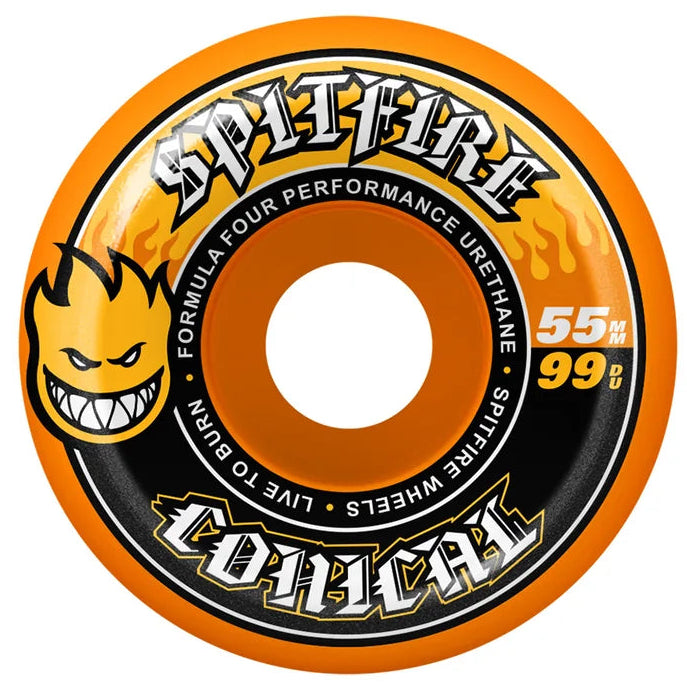 A single Spitfire Conal skateboard wheel on a solid white background. The wheel features a bright orange outer ring, a black center ring with white and yellow text, the yellow and black Spitfire flame logo, and specifications '55a' and '99'.