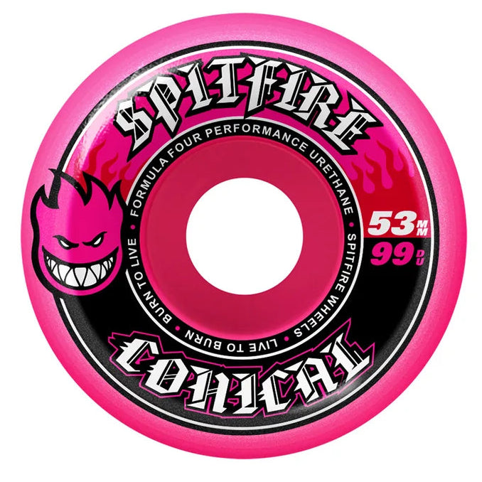 A single pink Spitfire Conical skateboard wheel with a black center label, featuring the Spitfire logo and the text '53a 99%'.