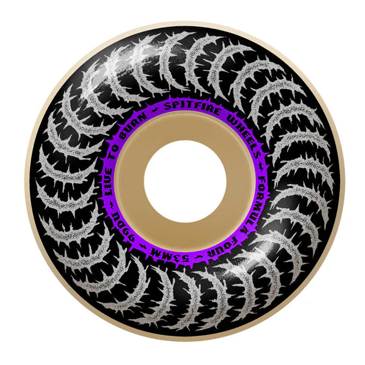 Skateboard wheel with black and white pattern and purple center on a white background
