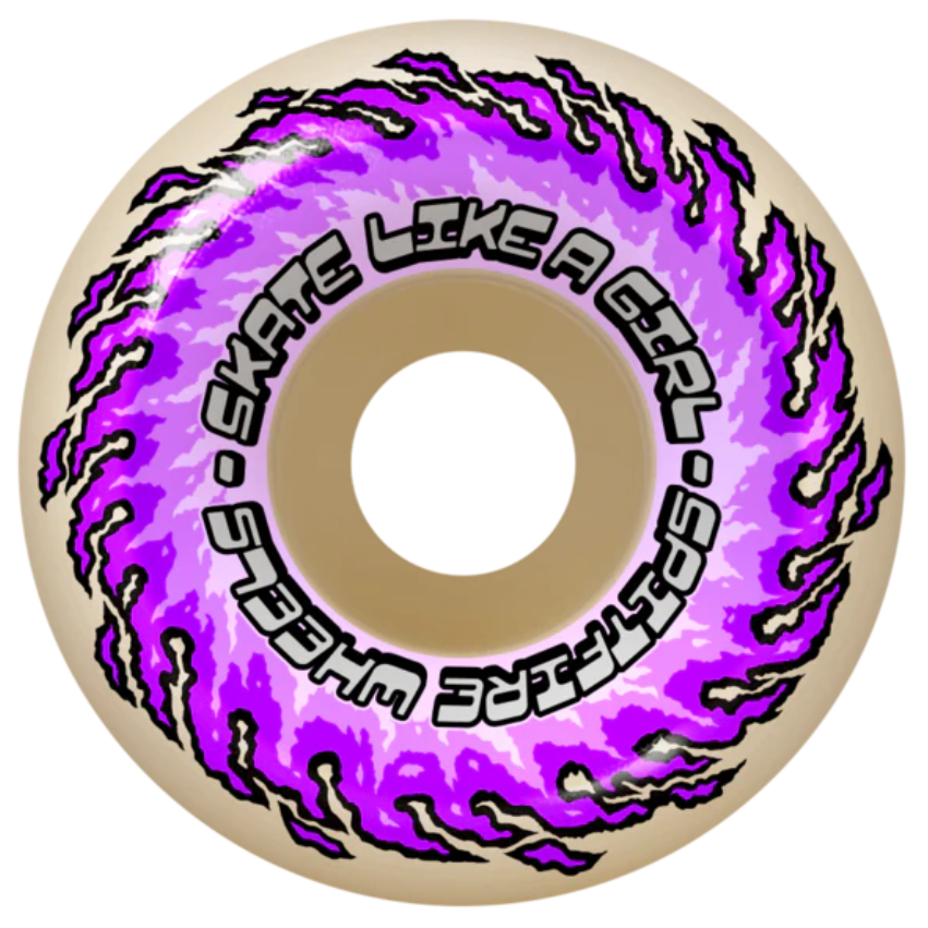 Skateboard wheel with purple flame design and text on a beige background