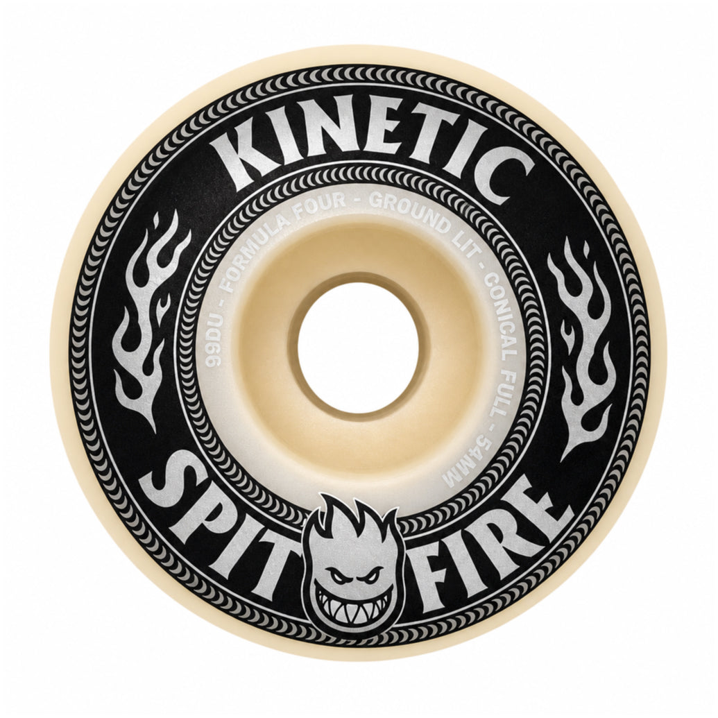 A single skateboard wheel from Spitfire Kinetic, featuring a black outer ring with white flame graphics, the words 'KINETIC' and 'SPIT FIRE', and a small Spitfire logo at the bottom, on a cream-colored urethane body.
