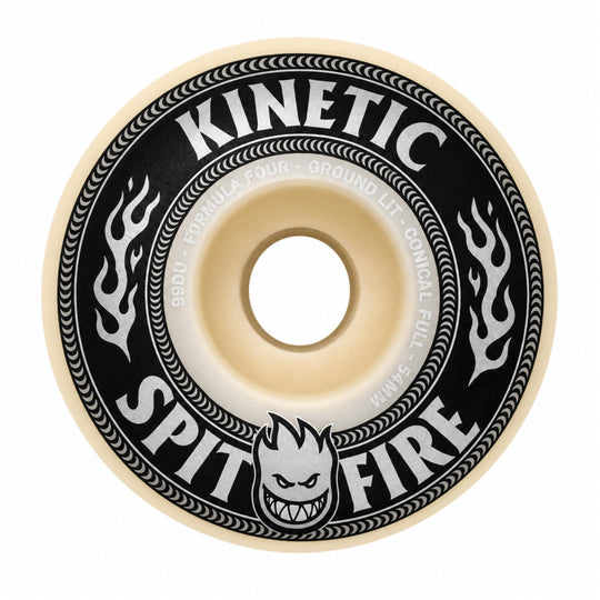 A single skateboard wheel from Spitfire Kinetic, featuring a black outer ring with white flame graphics, the words &