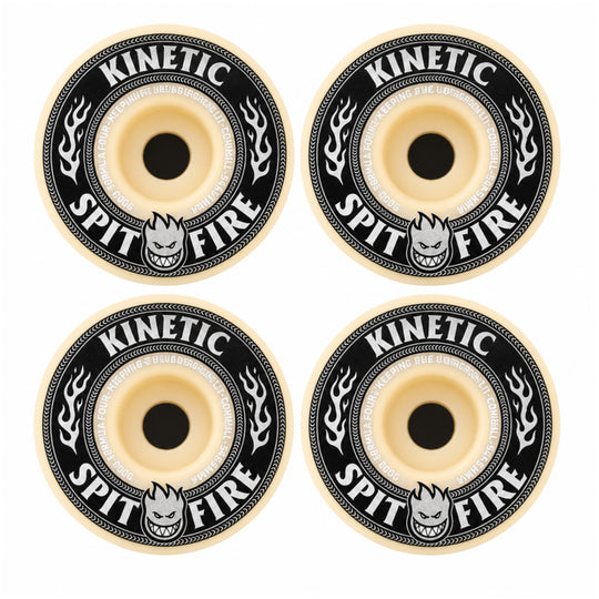 Four skateboard wheels arranged in a 2x2 grid on a plain white background. Each wheel has a black outer ring with cream-colored text reading &
