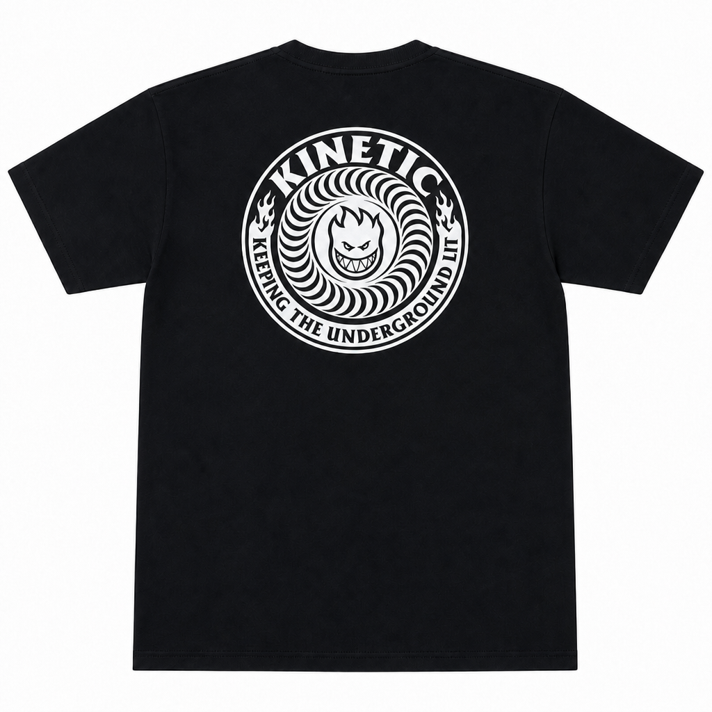 A black short-sleeve t-shirt shown from the back, featuring a large white circular graphic print with the word 'KINETIC' and a swirling face design.