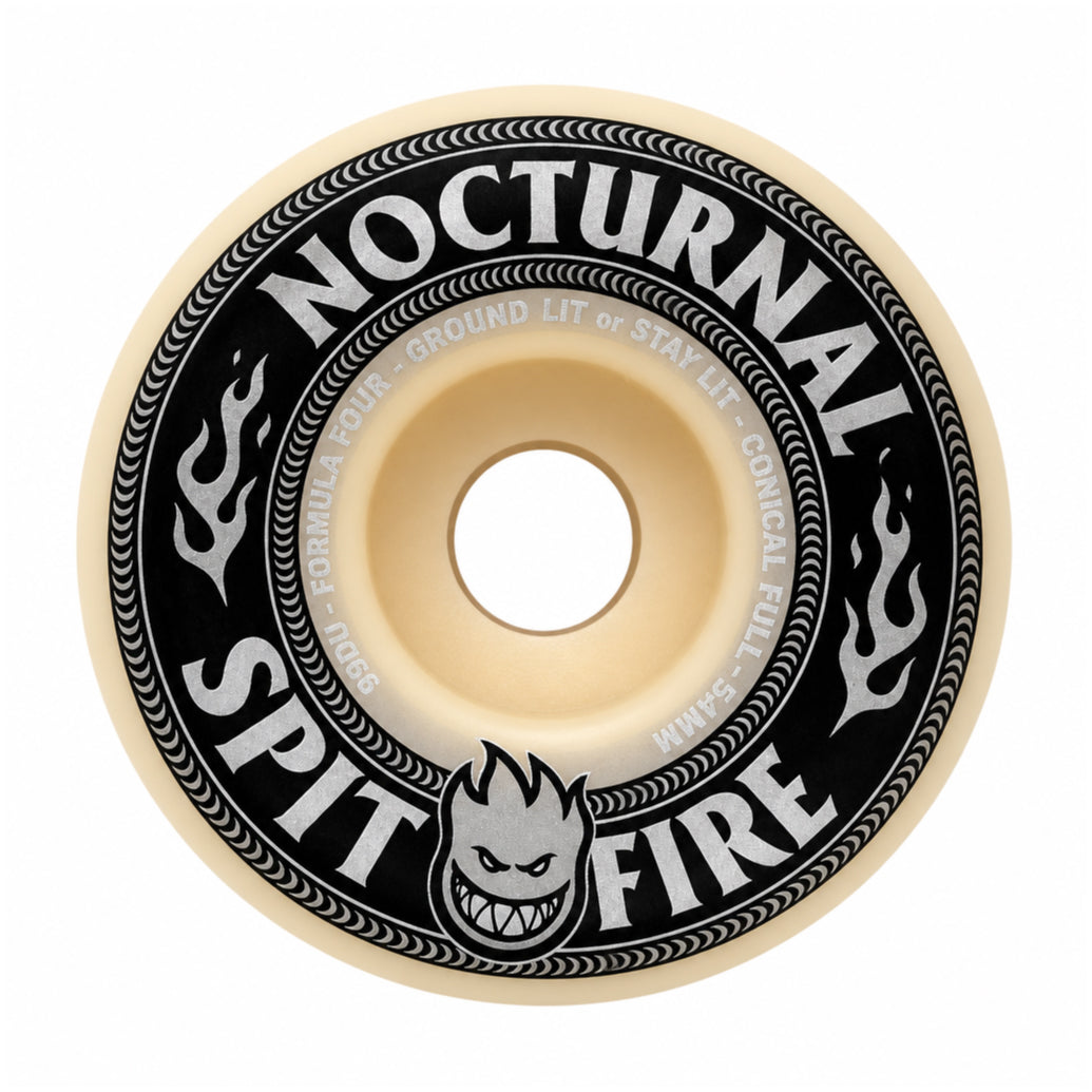 A single skateboard wheel with a cream-colored urethane body and a black printed graphic. The graphic features the words &