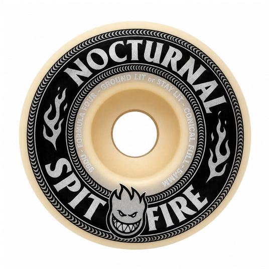 A single skateboard wheel with a cream-colored urethane body and a black printed graphic. The graphic features the words &