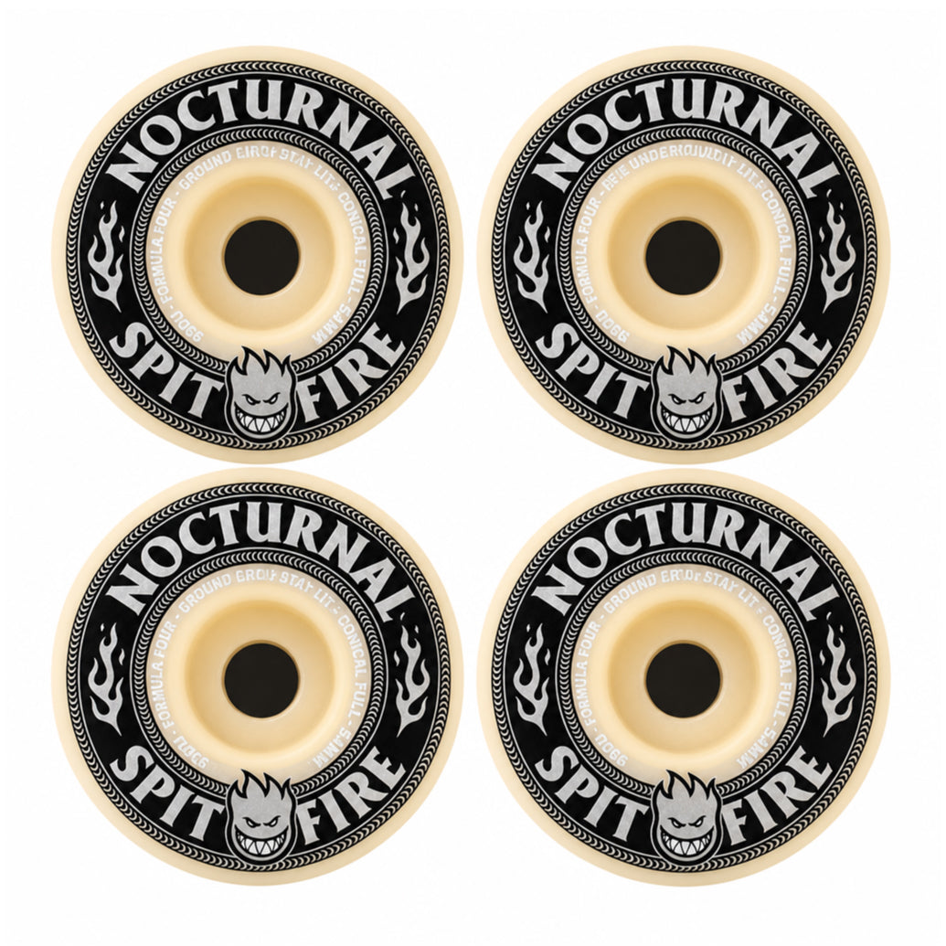 Four skateboard wheels arranged in a 2x2 grid on a plain white background. Each wheel has a cream-colored center and outer rim with a black circular band printed with the words &