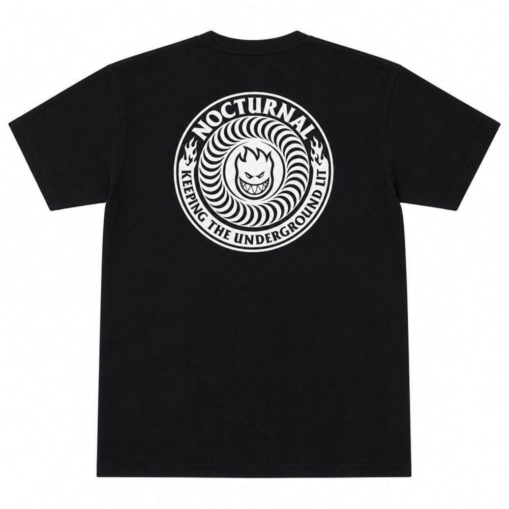 A black short-sleeve t-shirt shown from the back, featuring a large white circular graphic print with the word &
