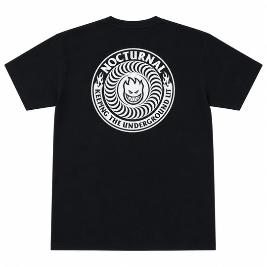 A black short-sleeve t-shirt shown from the back, featuring a large white circular graphic print with the word &