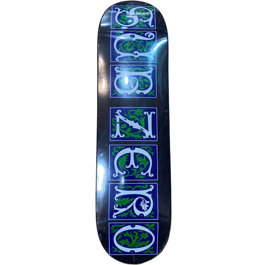 Skateboard deck with 'Sulzero' design on a wooden floor