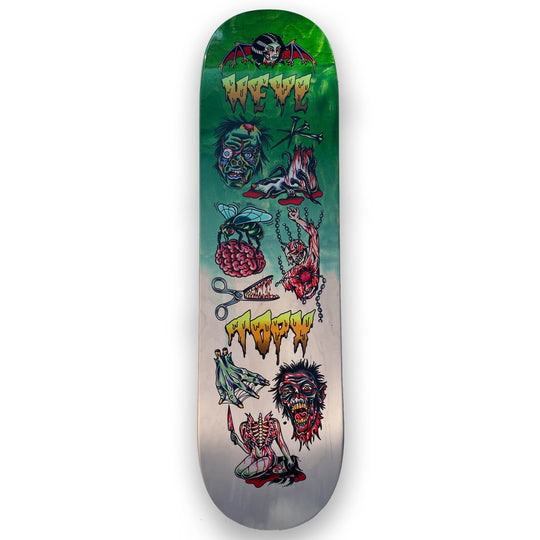 Skateboard deck with colorful graphic design on a white background
