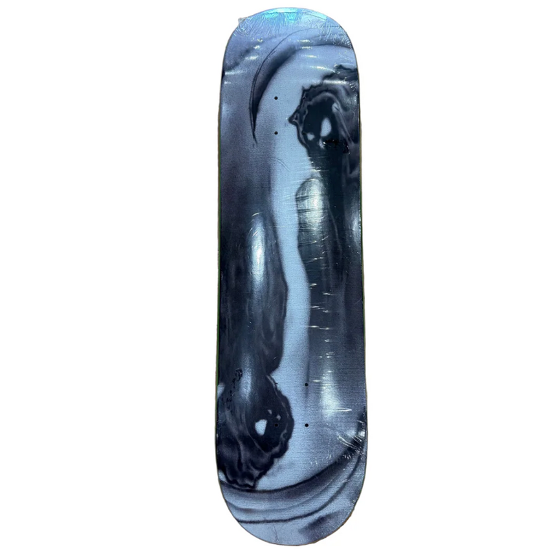 Skateboard deck with a black and gray abstract design on a white background