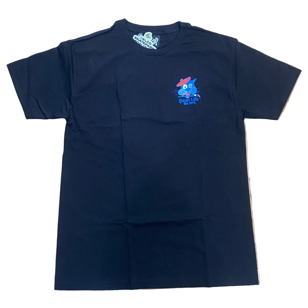 Black t-shirt with a quiet graphic design on chest