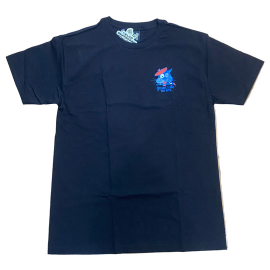 Black t-shirt with a quiet graphic design on chest