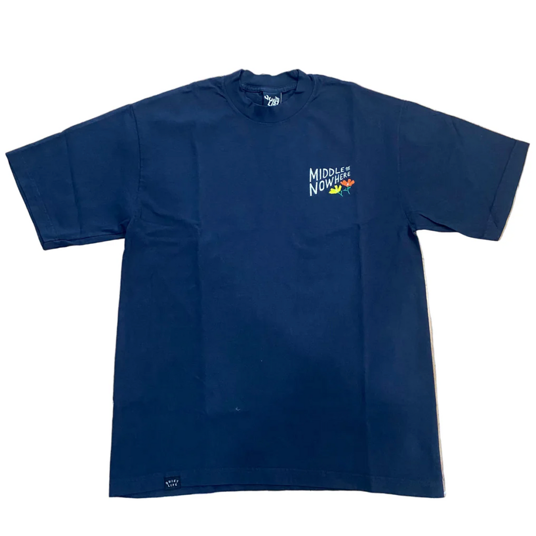 Blue t-shirt with a chest middle of nowhere logo 