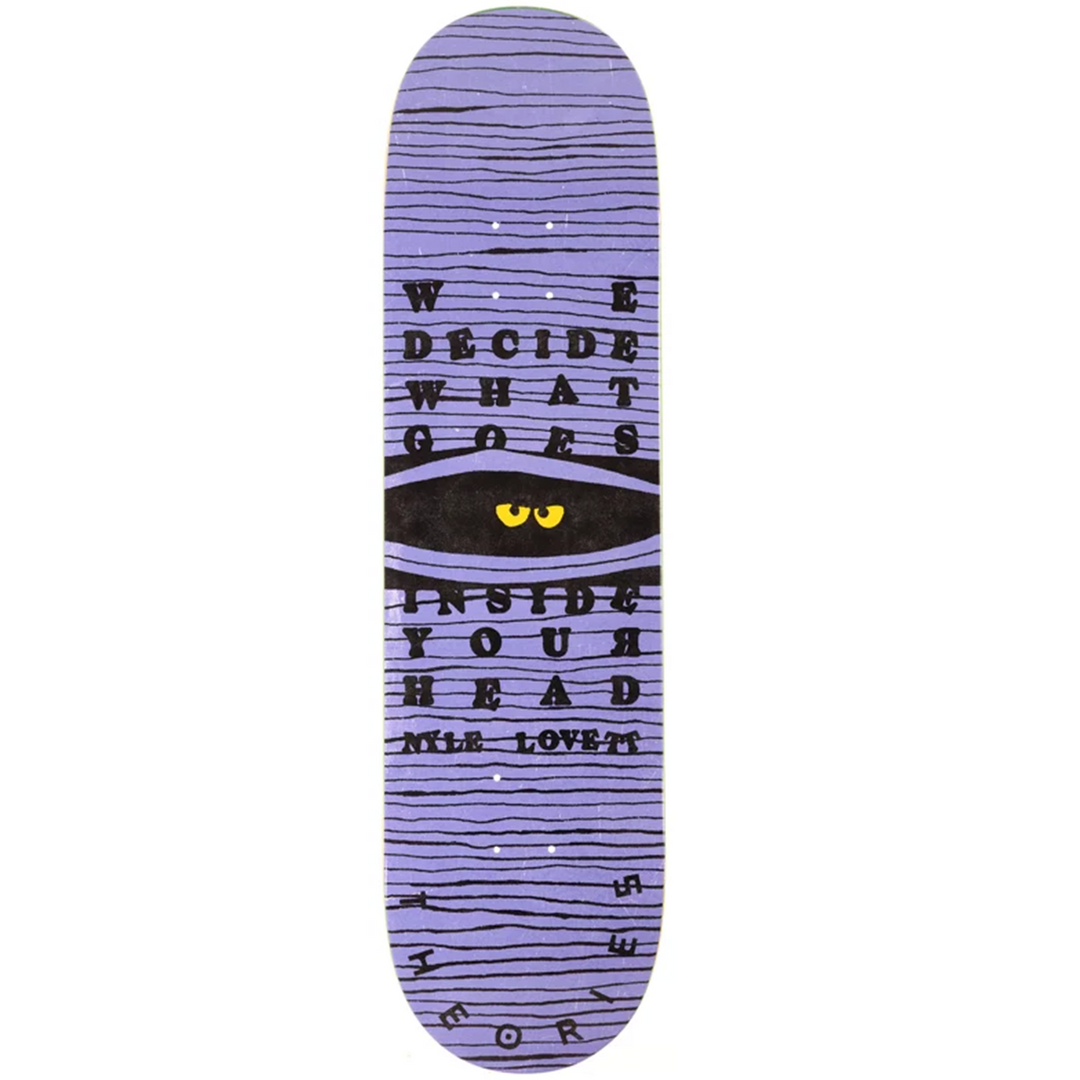 Skateboard deck with purple design and text on a white background