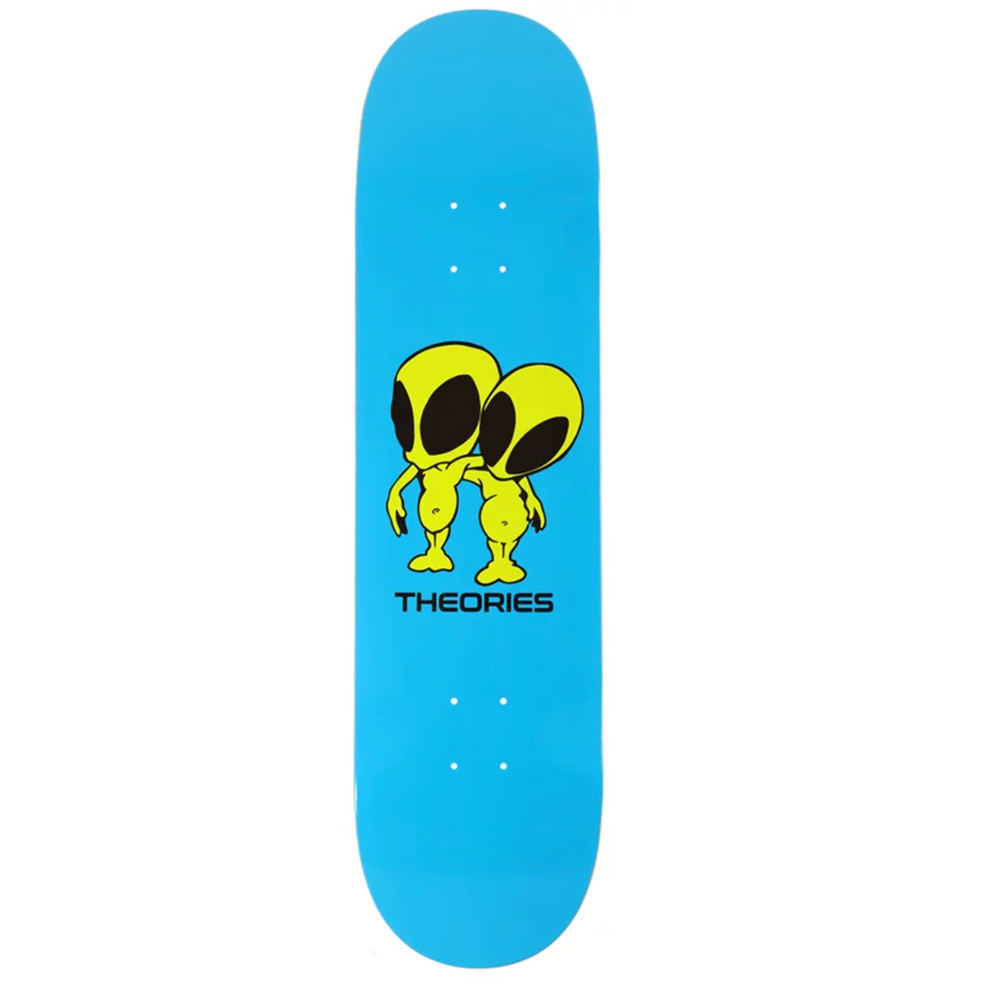 Skateboard deck with alien graphic and 'THEORIES' branding on a blue background