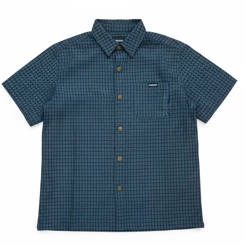 Blue checkered shirt with theories logo