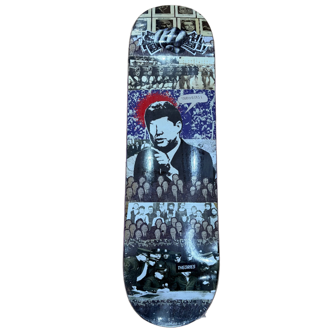 Skateboard deck with artistic design featuring a person and crowd on a white background