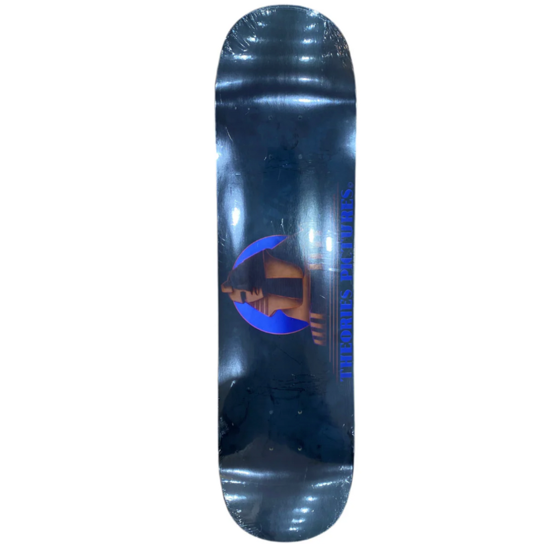 Skateboard deck with a reflective surface and logo on a white background