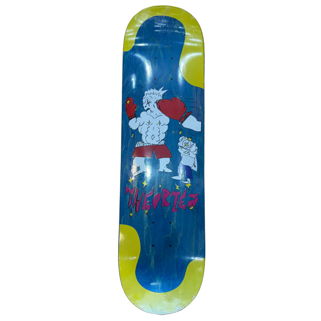 Skateboard deck with a colorful design featuring a character and text on a blue and yellow background.