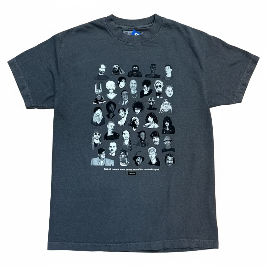 Gray t-shirt with graphic design of famous musicians